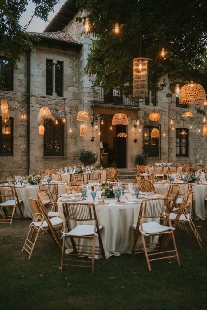 Detalle de una boda al aire libre con guirnaldas de luces cálidas, mesas decoradas y ambiente íntimo bajo las estrellas